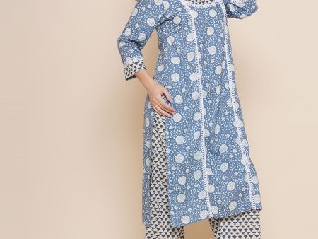 Women s Blue & White Printed Lace work Kurta with white & Blue Printed Palazzos - Bhama For Cheap