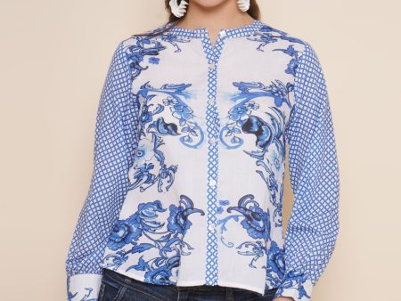 Women s Blue & White Printed Shirt Style Top - Bhama Online Sale