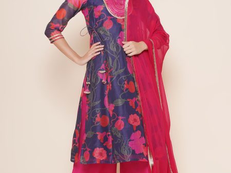 Women s Blue Pink Floral Print A-Line Yoke Embroidered Kurta & Pink Solid Plazzos With Dupatta - Bhama Fashion