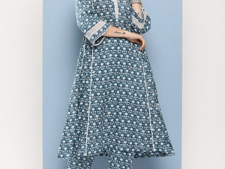 Women s Blue Floral Print A-Line Kurta With Lace Details & Blue Floral Print Palazzo - Bhama Supply