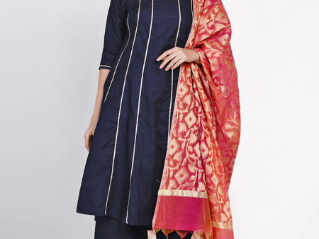 Women s Blue Golden Gotta Striped Kurta With Blue Solid Palazzos With Dupatta. - Bhama Discount