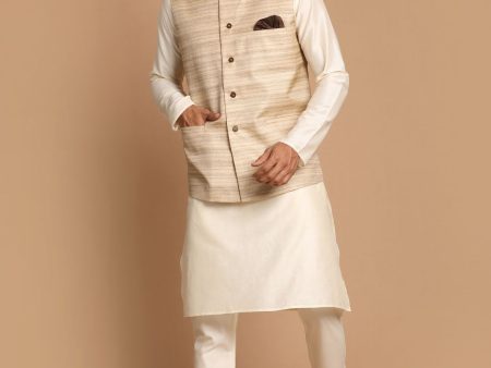 Vastramay Men s Beige And Cream Viscose Jacket, Kurta And Pyjama Set Hot on Sale