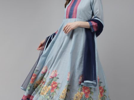 Women s Blue & Pink Floral Printed Chanderi Silk Anarkali Kurta & Dupatta - Bhama Fashion