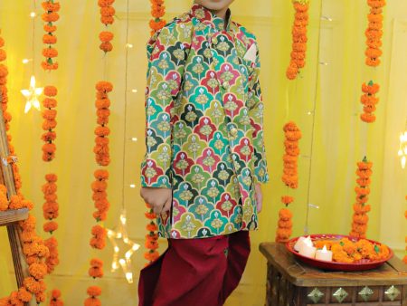 NOZ2TOZ Kids Boys Ethnic Festive Floral Printed Full Sleeve Sherwani with Cotton Dhoti - Multi Sale