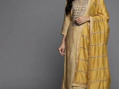 Varanga Women Mustard Yellow Printed Mirror Work Kurta with Trousers & Dupatta For Cheap