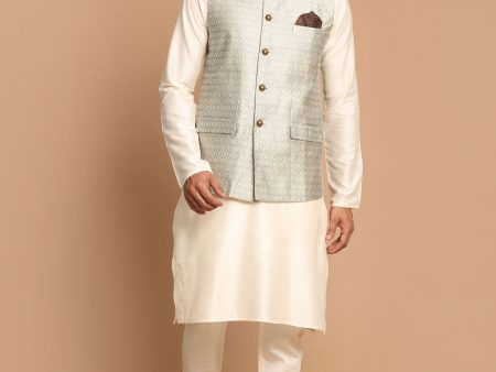 Vastramay Men s Beige And Cream Viscose Jacket, Kurta And Pyjama Set Sale