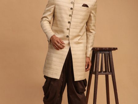 Vastramay Men s Beige And Brown Silk Blend Sherwani Set For Sale