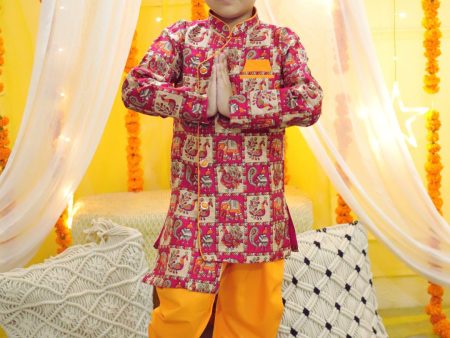 NOZ2TOZ Kids Boys Ethnic Mor Print Full Sleeve Sherwani with Salwar - Pink For Discount