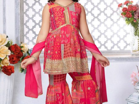 Kids Functional Designer Pink Faux Georgette Sharara Suit- Aaradhna For Discount