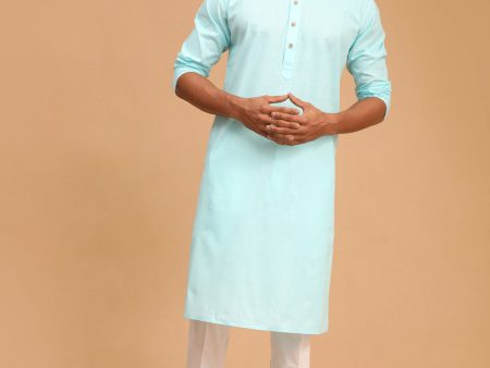 Vastramay Men s Aqua Blue And White Cotton Linen Kurta Pyjama Set Cheap