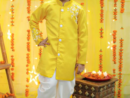 NOZ2TOZ Kids Boys Ethnic Festive Wear Hand Embroidered Jam Cotton Sherwani Salwar - Yellow Online Sale