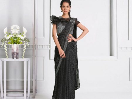 Black Fancy Lycra Handwork Shoulder Butta Saree - Mohmanthan Izzara Online