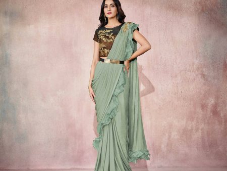 Sea Green Lycra Embroidery Designer Saree With Blouse - Mohmanthan Sitaarah For Sale