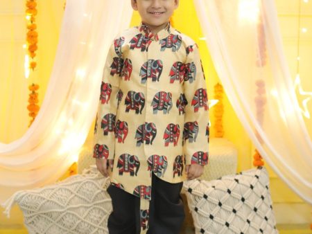 NOZ2TOZ Kids Boys Ethnic Hathi Print Full Sleeve Sherwani - Black For Cheap