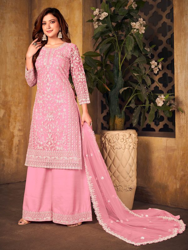 Myra Baby Pink Net Embroidered Palazzo Suit Online Hot Sale