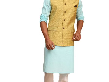 Vastramay Men s Aqua, Yellow And White Cotton Blend Jacket, Kurta And Pyjama Set Fashion