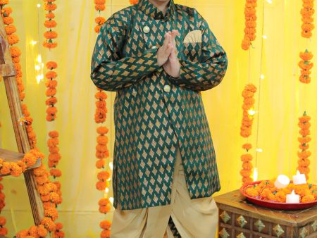 NOZ2TOZ Kids Boys Ethnic Festive Wear Jacquard Full Sleeve Sherwani with Dhoti - Green Cheap