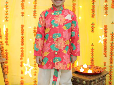 NOZ2TOZ Kids Boys Ethnic Festive Floral Printed Full Sleeve Sherwani with Cotton Dhoti - Pink For Cheap