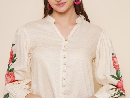 Women s Beige Printed Shirt Style Top - Bhama Hot on Sale