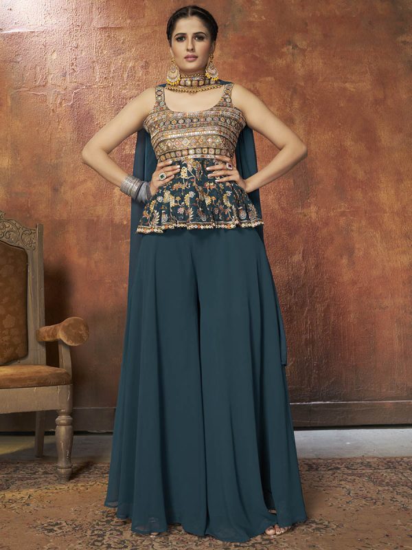 Myra Aequa Blue Georgette Embroidered Designer Suit Online