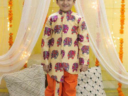 NOZ2TOZ Kids Boys Ethnic Hathi Print Full Sleeve Sherwani - Orange For Sale