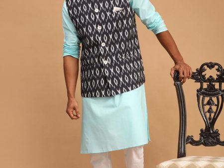 Vastramay Men s Aqua, Black And White Cotton Blend Jacket, Kurta And Pyjama Set Discount