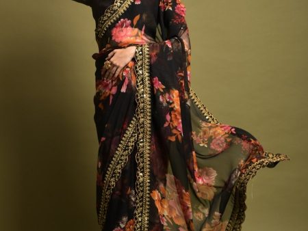 Anouk Black & Orange Floral Printed Embroidered Pure Georgette Saree Online Sale