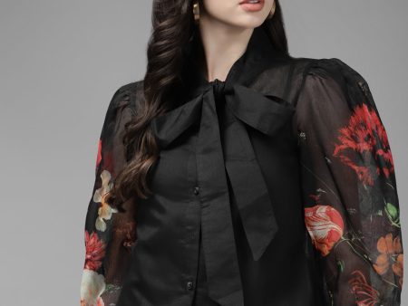 Women s Black Floral Mandarin Collar Shirt Style Top - Bhama Hot on Sale