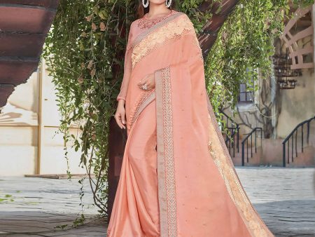 Peach Colored Satin Silk Embroidered Saree With Blouse - Norita Royal Adveka Supply