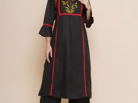 Women s Black Yoke Embroidered Design Lace Work Kurta with Black Solid Palazzos - Bhama Supply