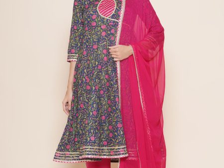 Women s Blue Pink Floral Print Anarkali kurta & Pink Solid Palazzos With Dupatta - Bhama Discount