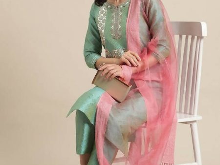 Varanga Women Sea Green Woven Design Kurta with Trousers & With Dupatta Online now