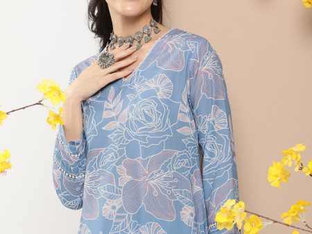 Women s Blue Floral Print Kurta With Lace Details With Blue Floral Print Palazzos - Bhama Online now