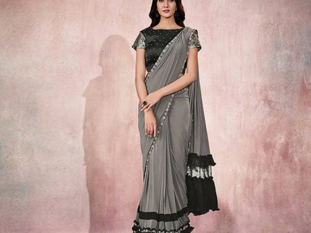 Grey Lycra Embroidery Designer Saree With Blouse - Mohmanthan Sitaarah Fashion