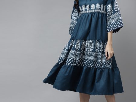 Women s Blue Printed Dress With Ruffle Detailing - Bhama Supply